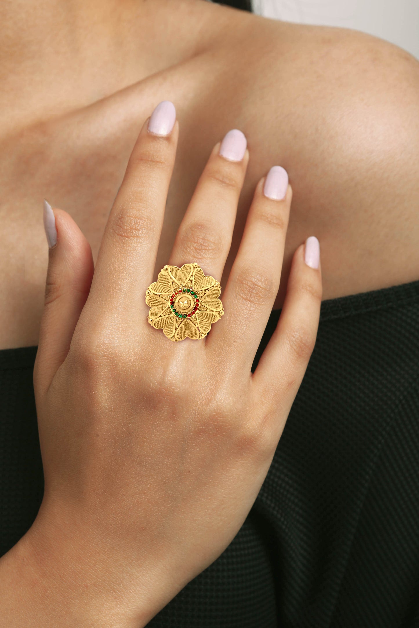 22k Gold Beautiful Heart Flower Adjustable Ring