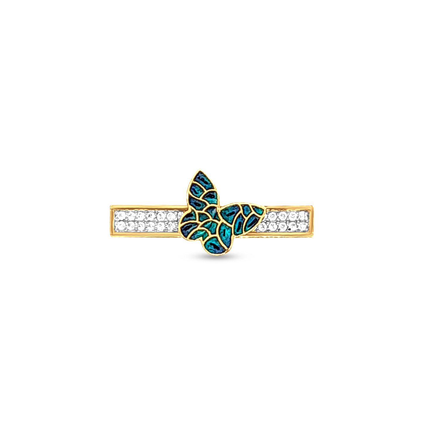 18k Gold Bar Ring with Blue Butterfly Motif