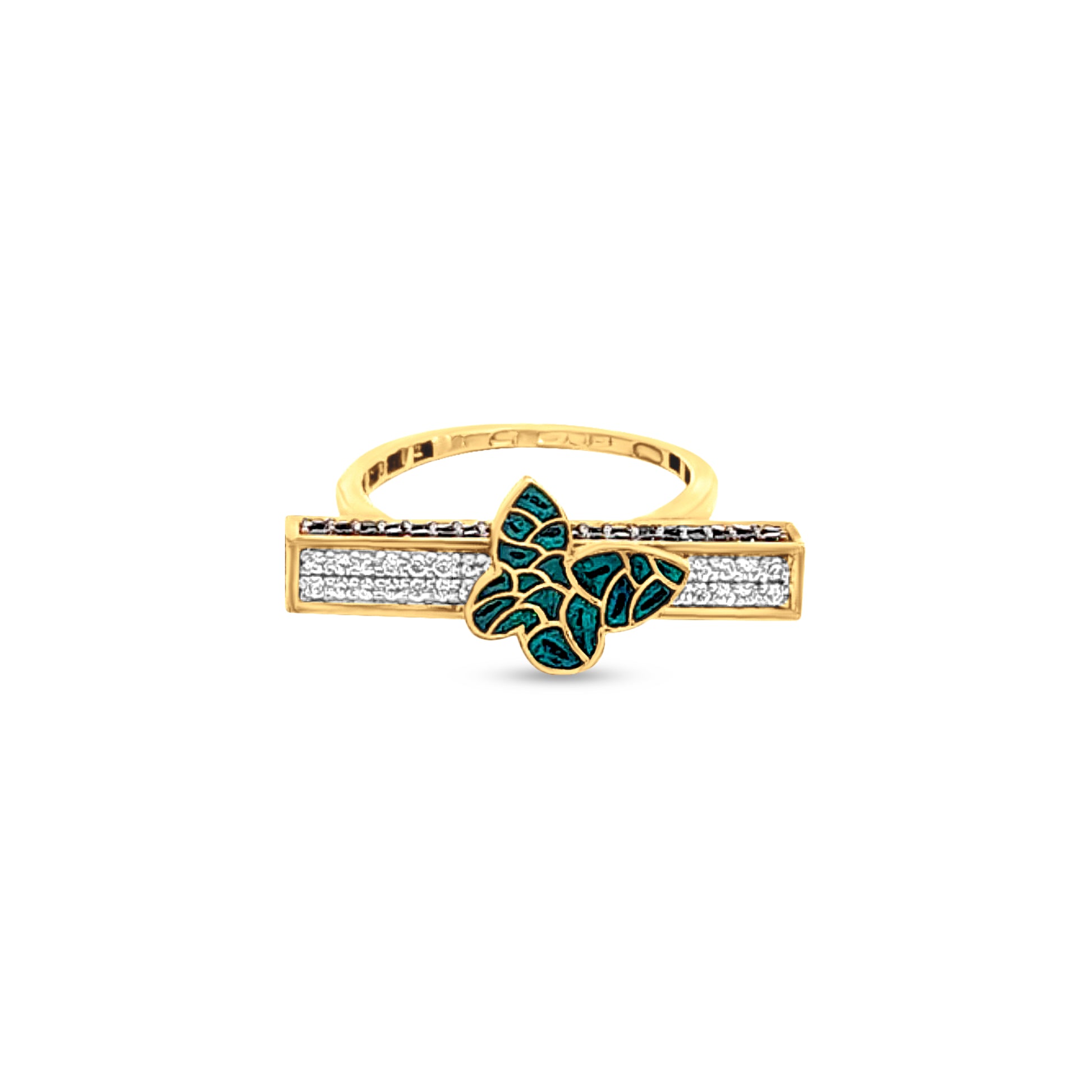 18k Gold Bar Ring with Blue Butterfly Motif