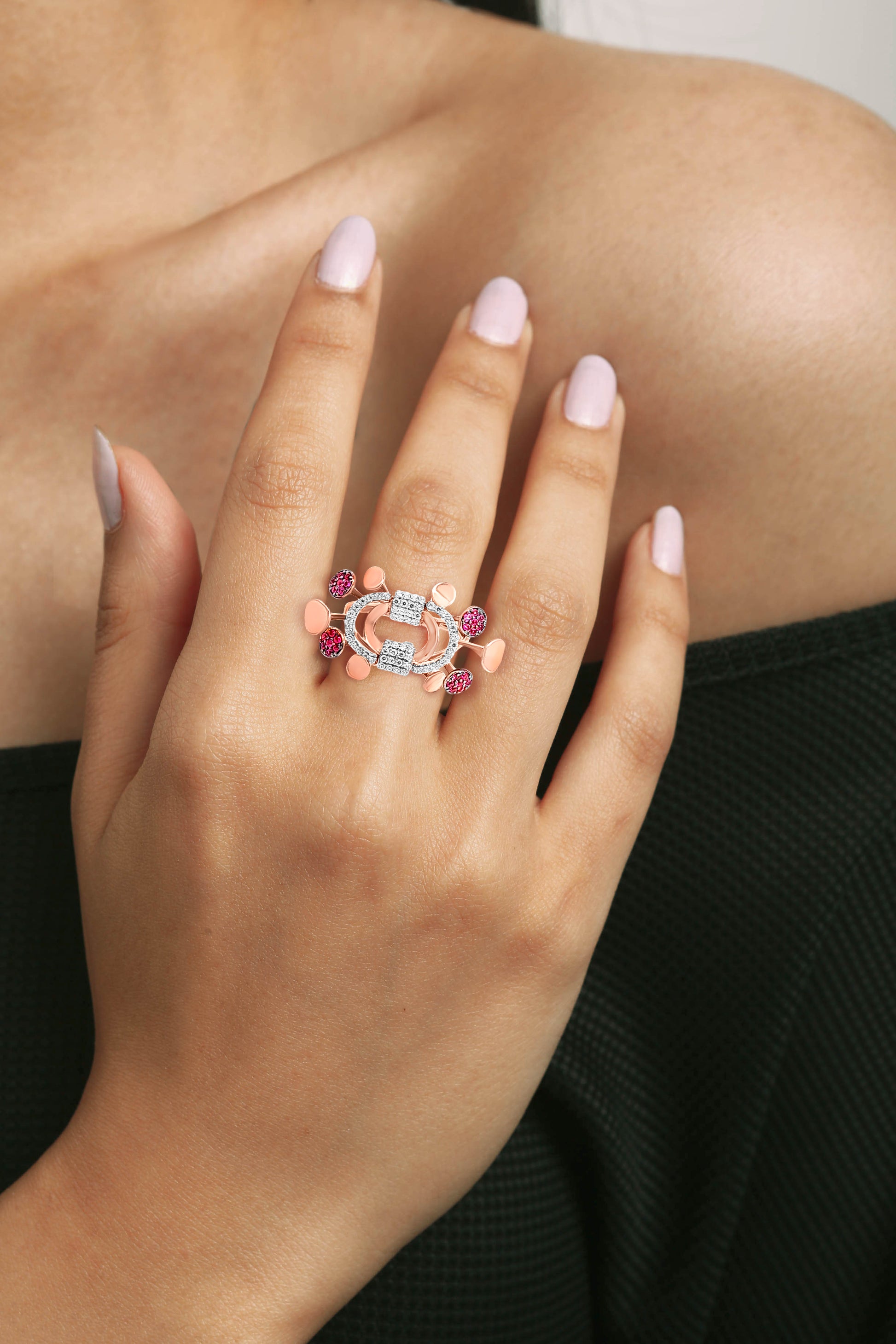 18k Rose Gold Contemporary Design Ring with Zircons and Pink Stone