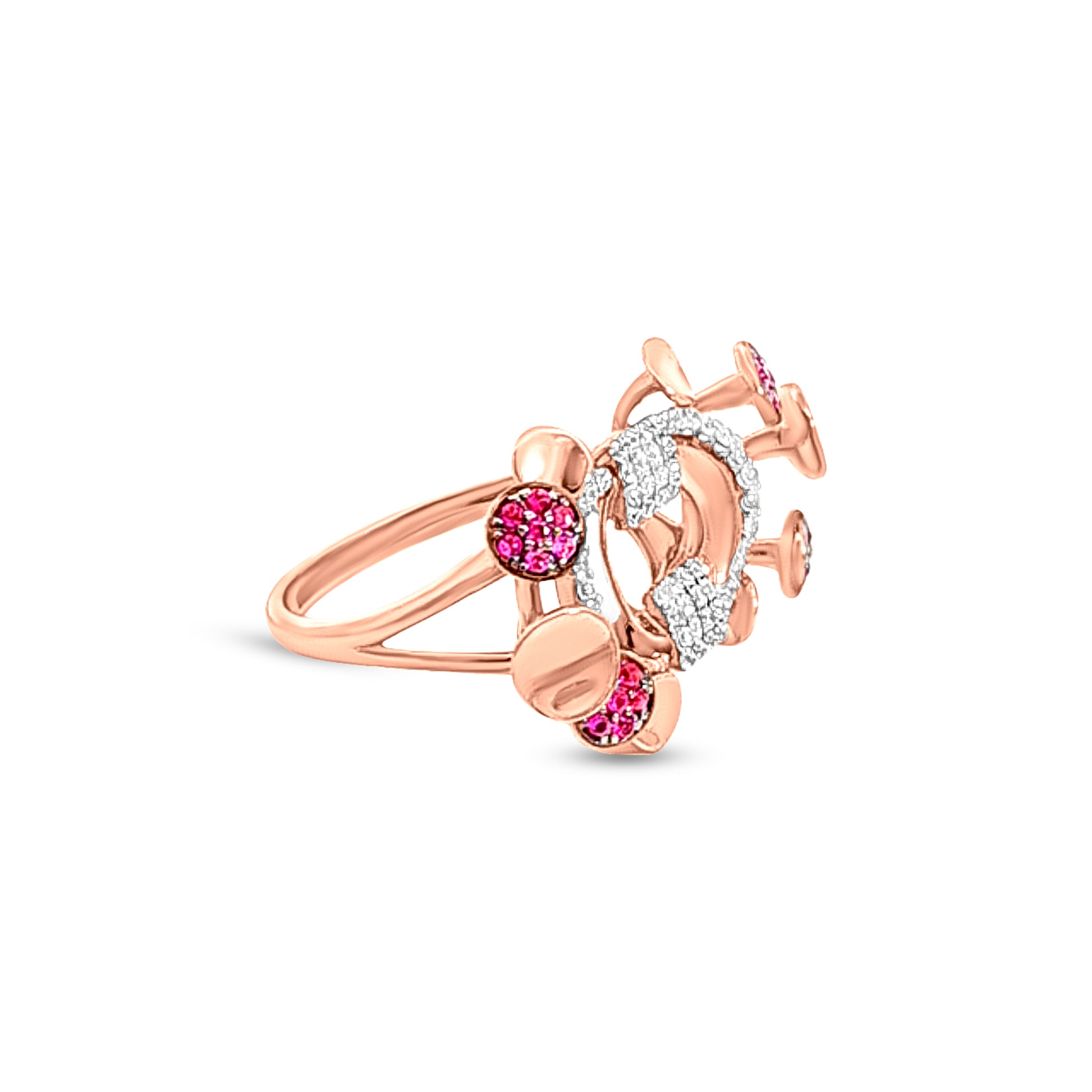 18k Rose Gold Contemporary Design Ring with Zircons and Pink Stone