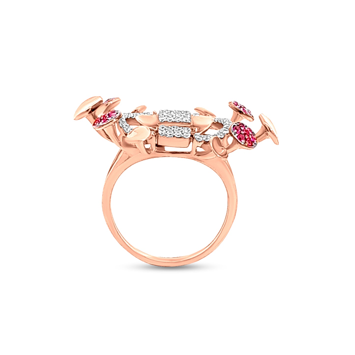 18k Rose Gold Contemporary Design Ring with Zircons and Pink Stone