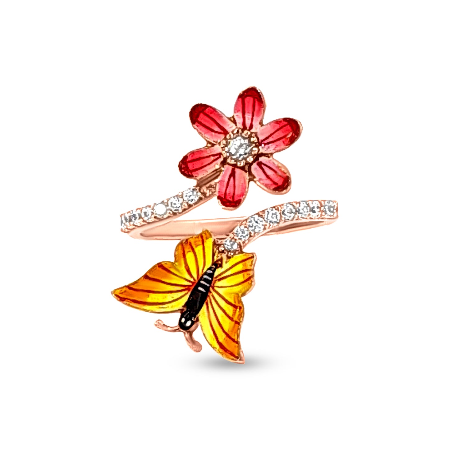 18k Rose Gold Pink Flower and Butterfly Ring