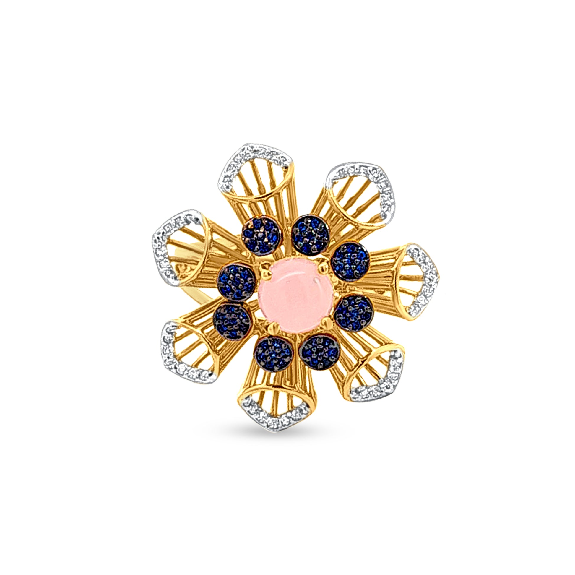 18k Gold Pink and Blue Stone Studded Flower Bouquet Ring with Dazzling Zirconia