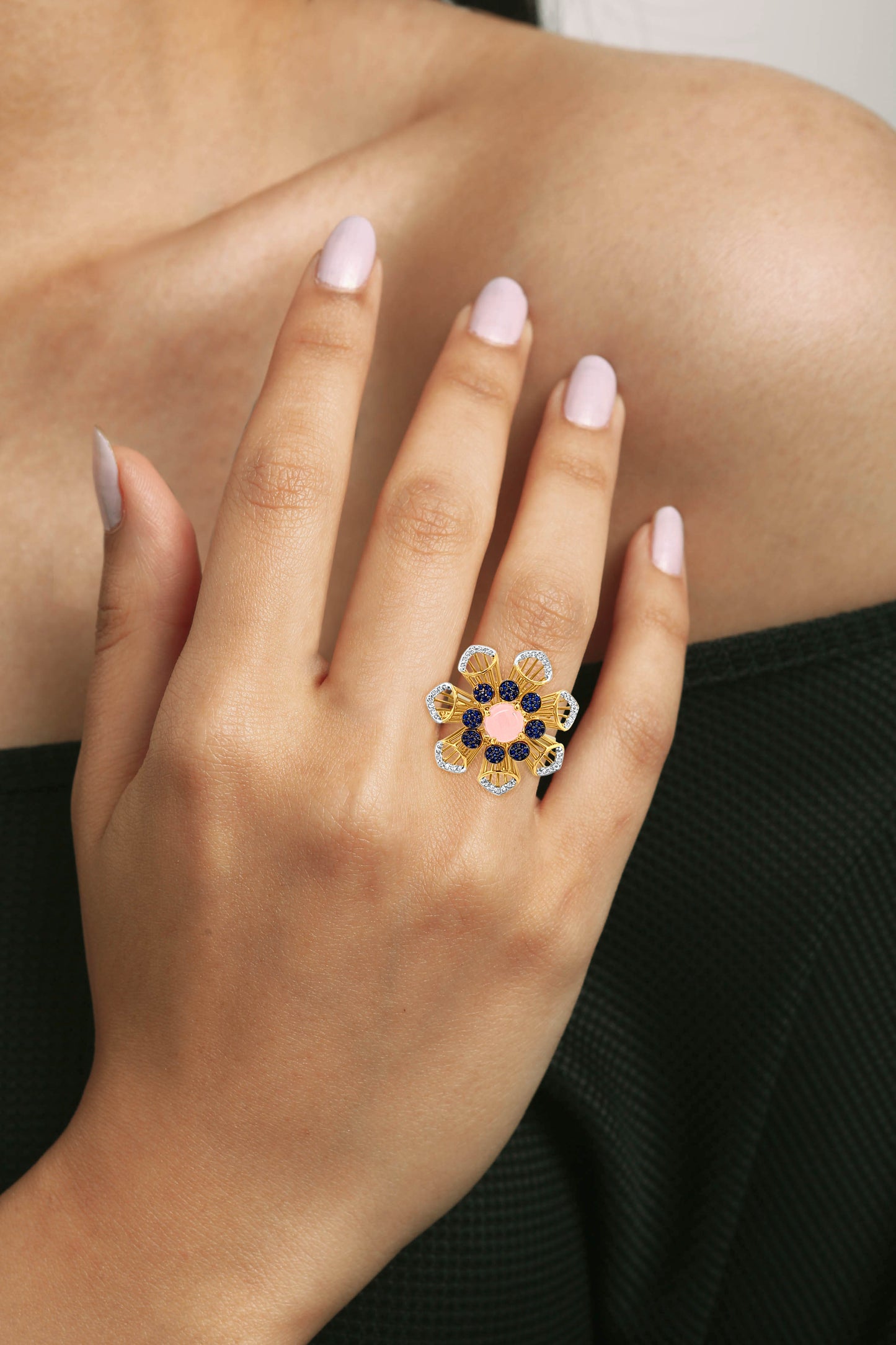 18k Gold Pink and Blue Stone Studded Flower Bouquet Ring with Dazzling Zirconia