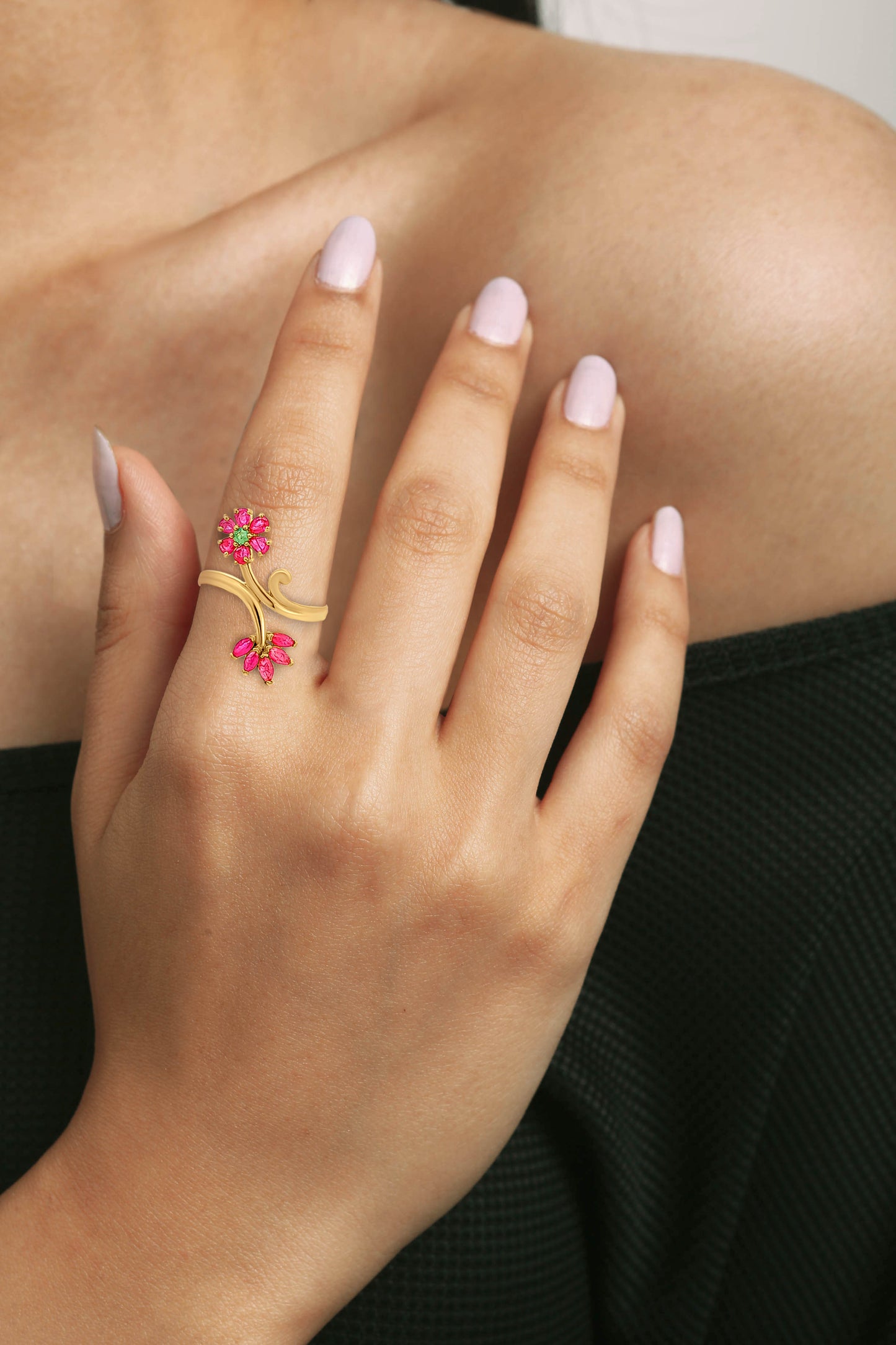 22k Gold Pink and Green Lotus Flower Ladies Ring