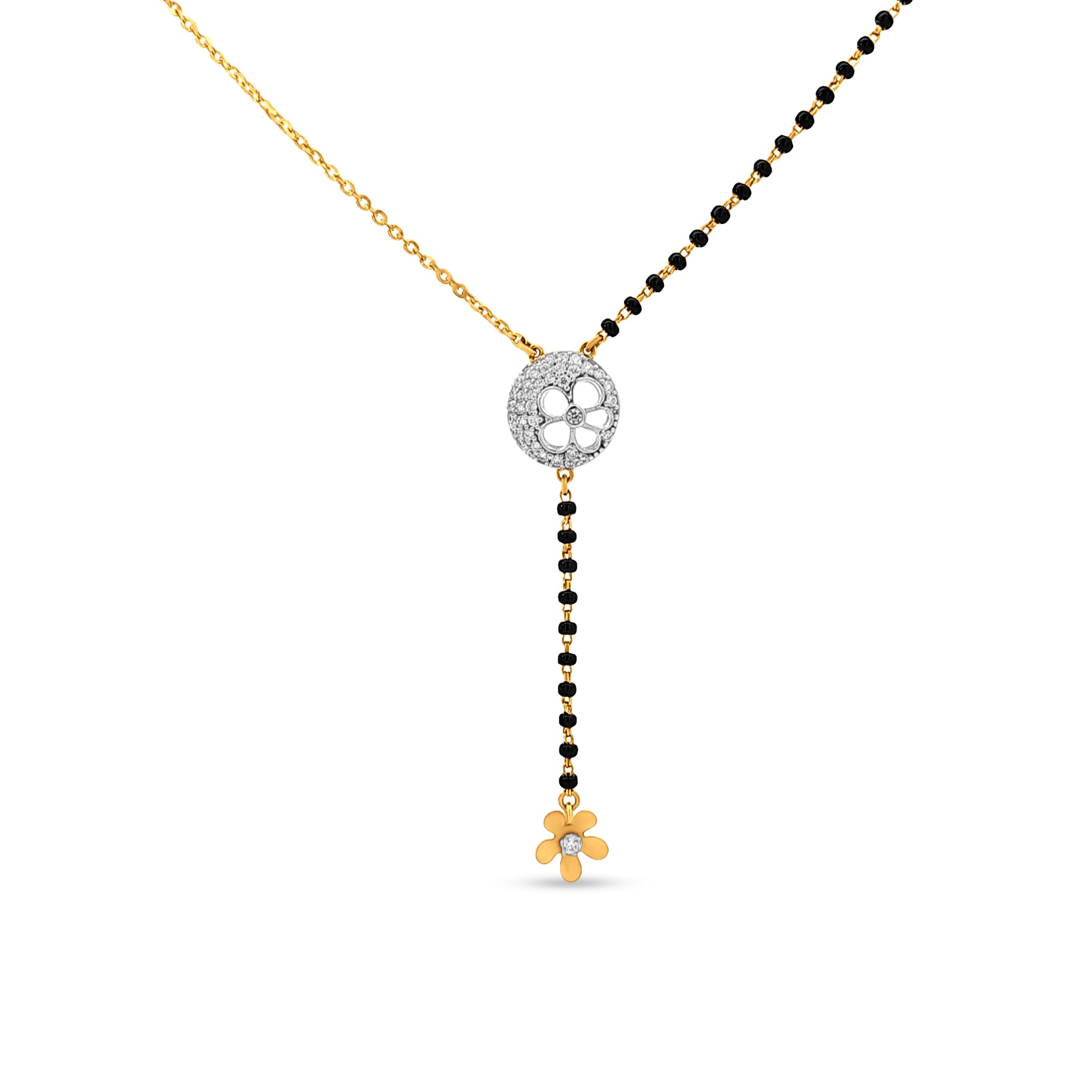 22K Gold Mangalsutra with Black Beads and Diamond Motif