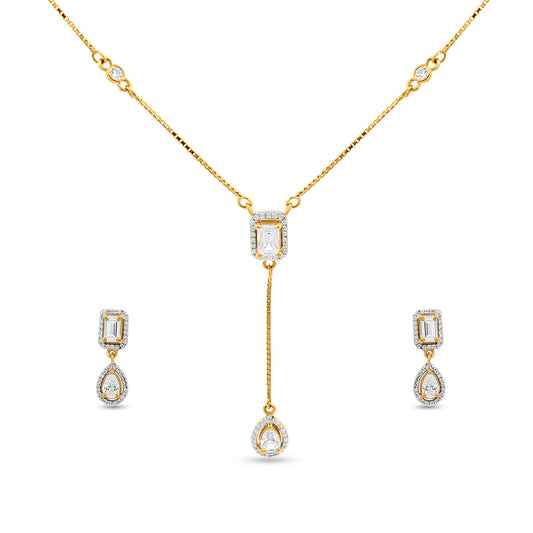 Radiant Glow: 18k Yellow Gold Diamond-Like Stone Pendant & Earring Set