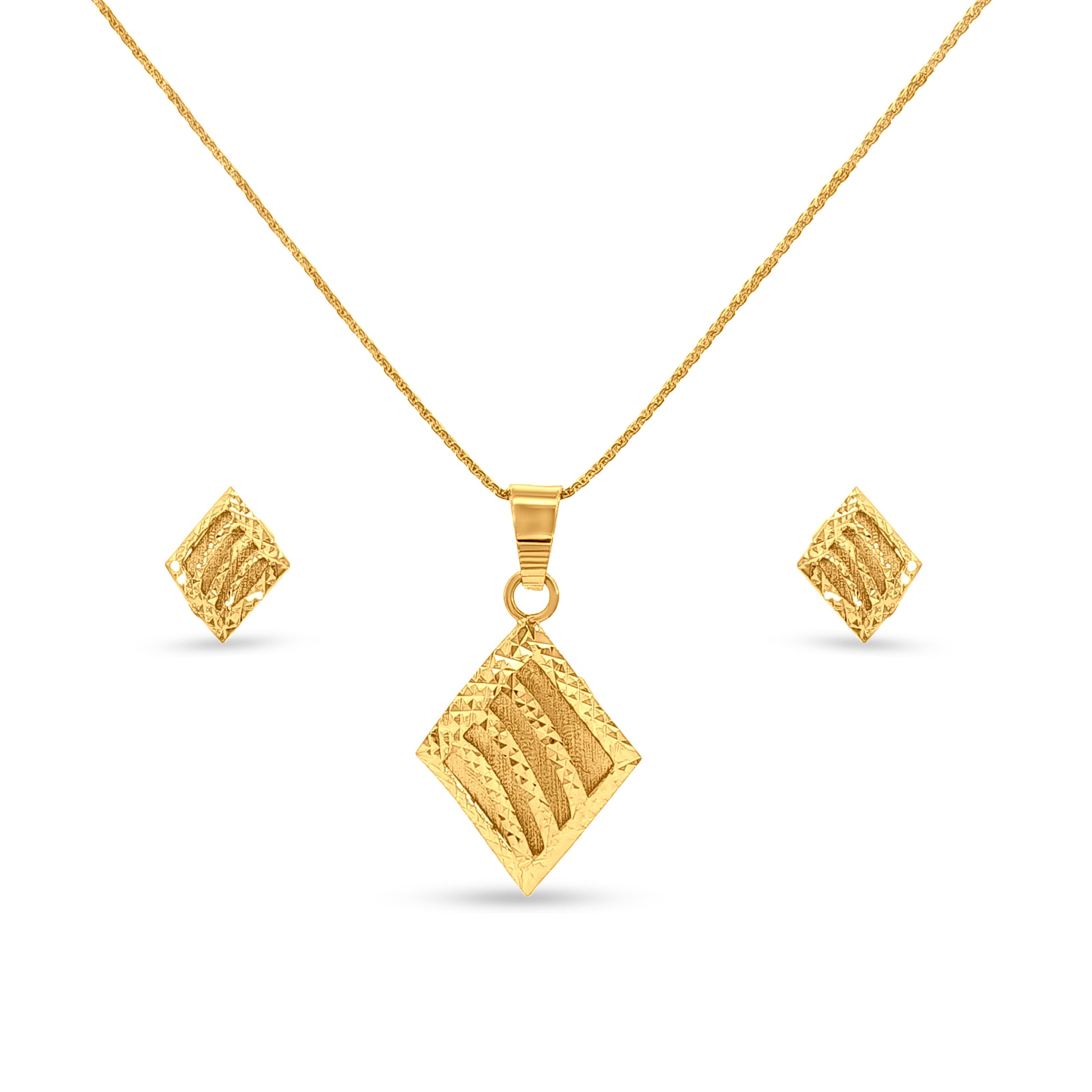 22K Gold Designer Diamond Shape Pendant and Earrings Set