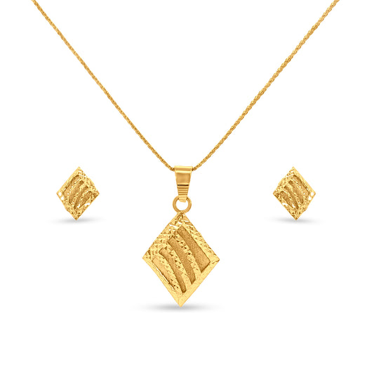 22K Gold Designer Diamond Shape Pendant and Earrings Set