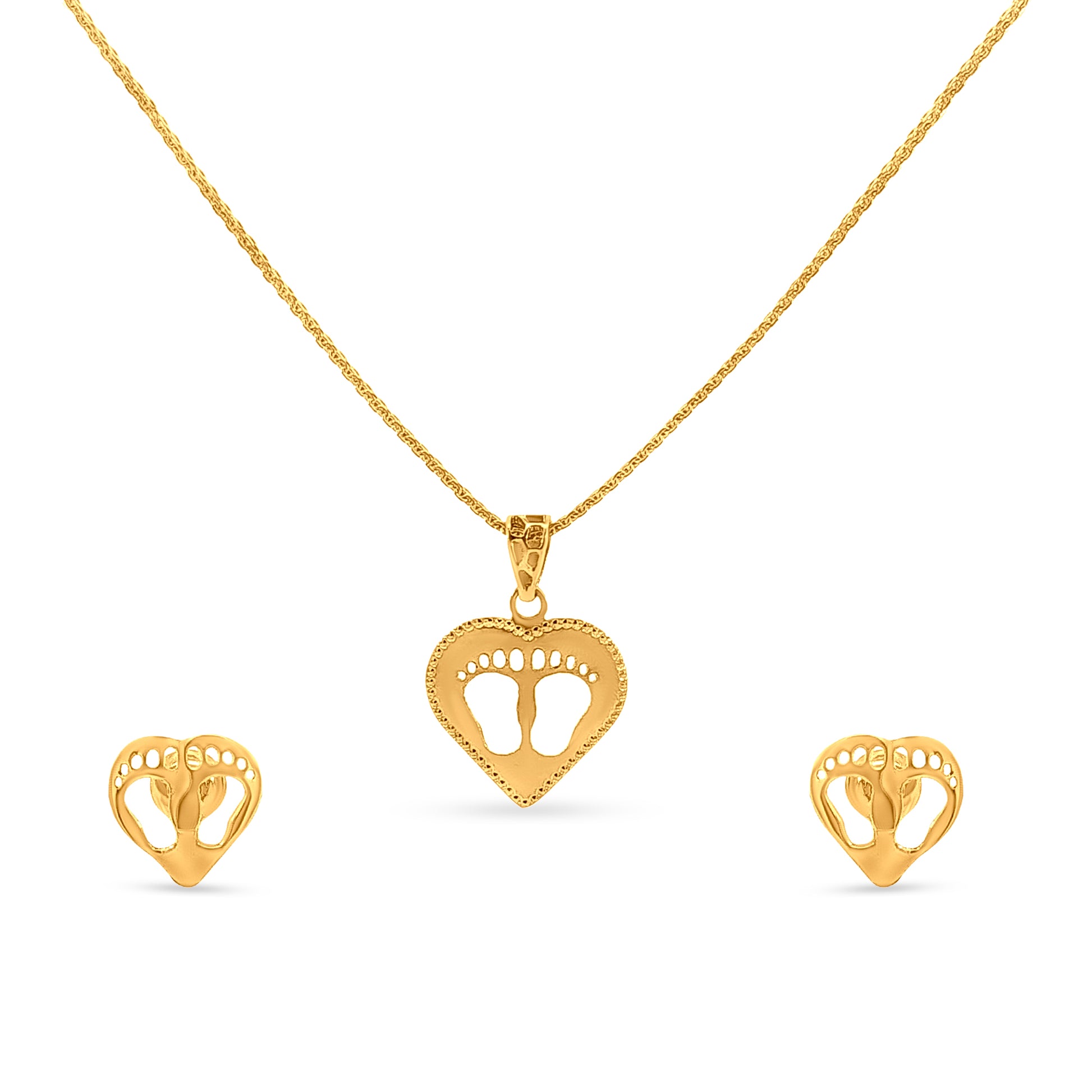 Minimalist Gold Baby Foot Heart Pendant and Earring Set