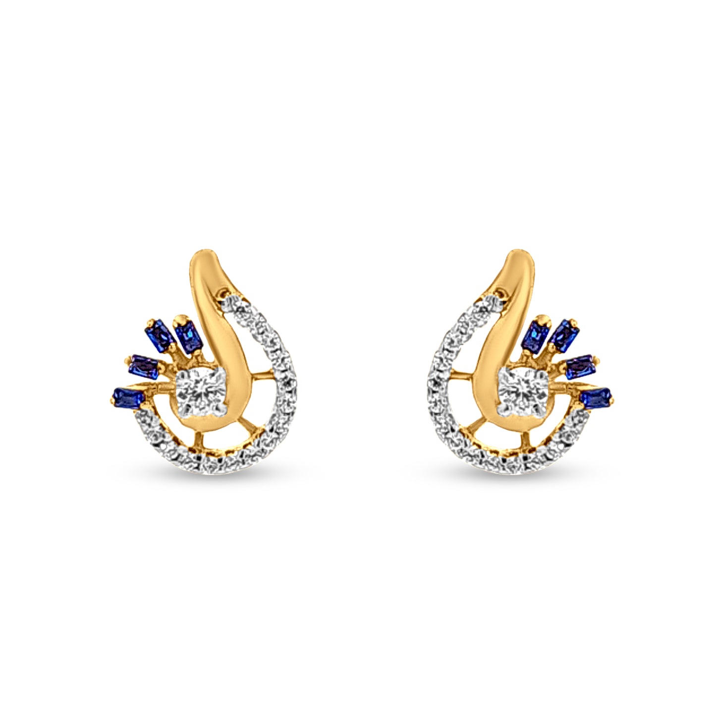 18k Gold Fashionable Earrings with Peacock Blue Stone