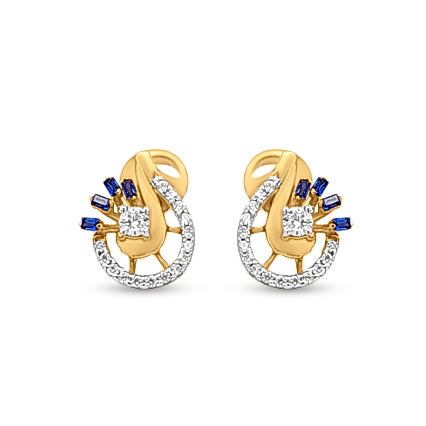 18k Gold Fashionable Earrings with Peacock Blue Stone