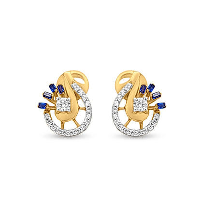 18k Gold Fashionable Earrings with Peacock Blue Stone