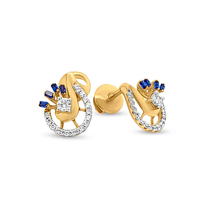 18k Gold Fashionable Earrings with Peacock Blue Stone